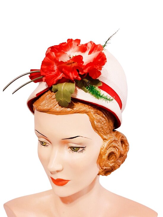 Vintage 1960s Designer White Bubble Cloche Hat With A Large Red Flower Front